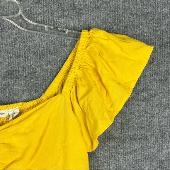 Midnight Sky Yellow Smocked Peplum Top L Flutter Sleeve Linen Blend Boho - Picture 5 of 9